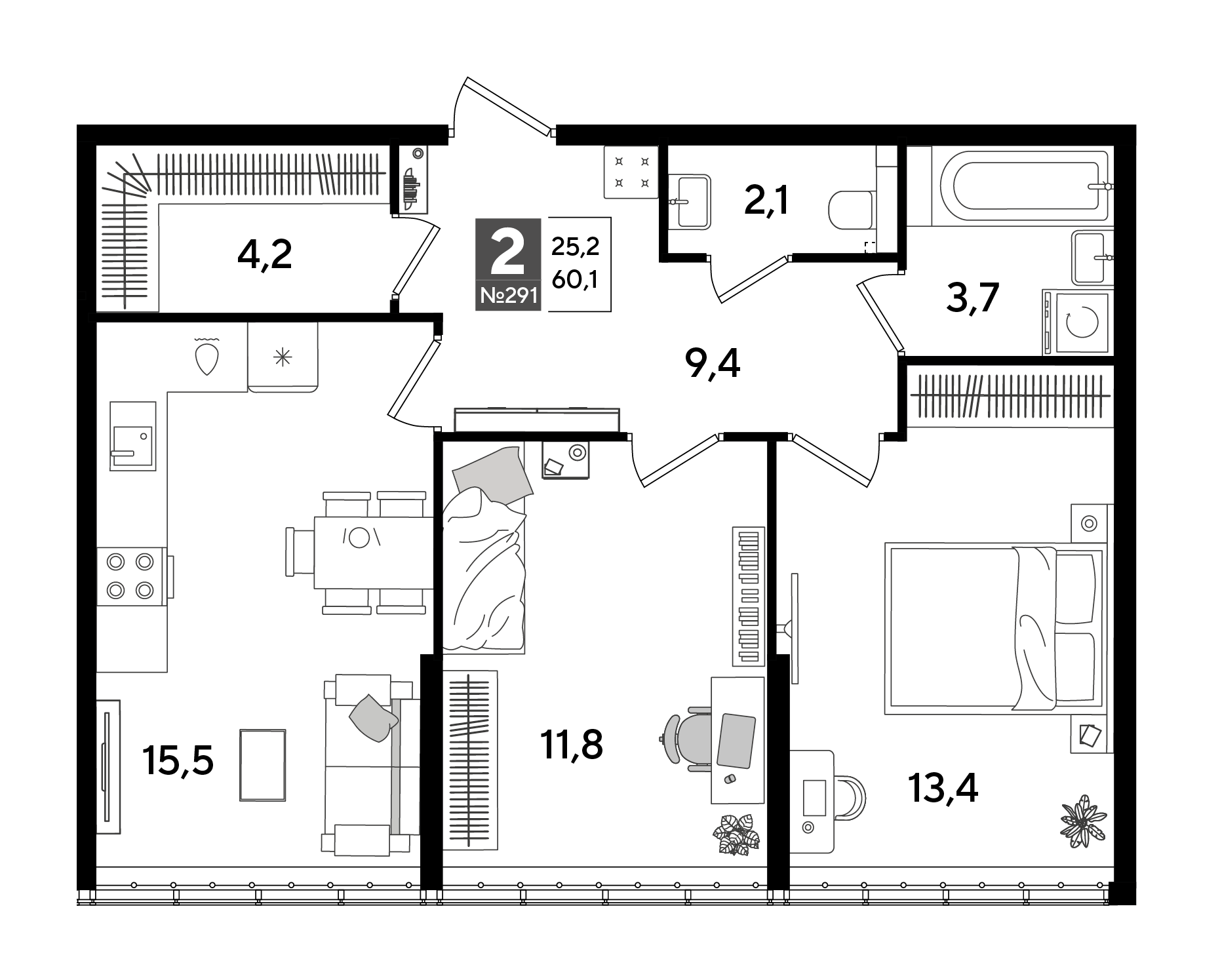 Планировка: 2-комн. квартира 60,1 м²