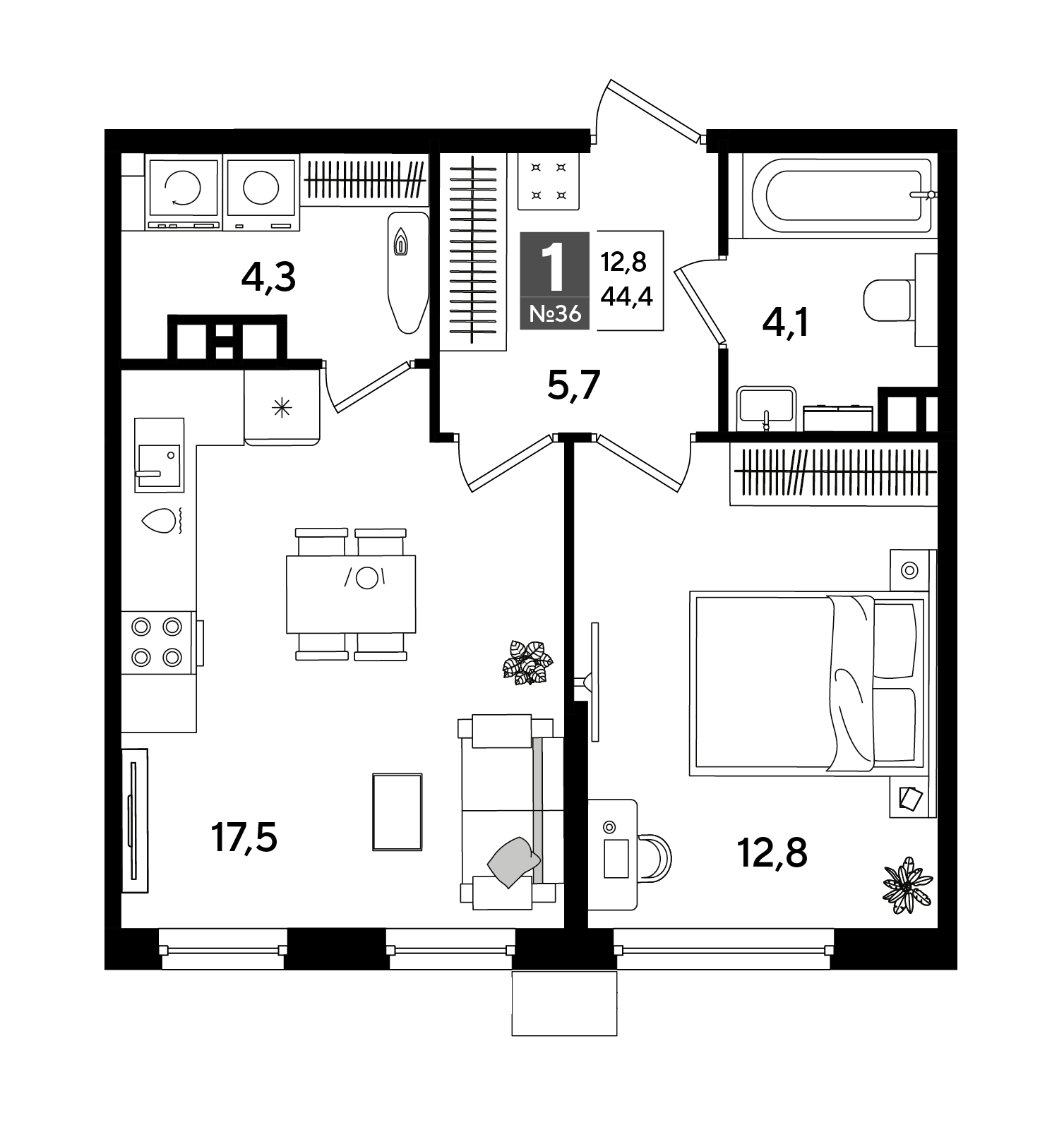 Планировка: 1-комн. квартира 44,4 м²
