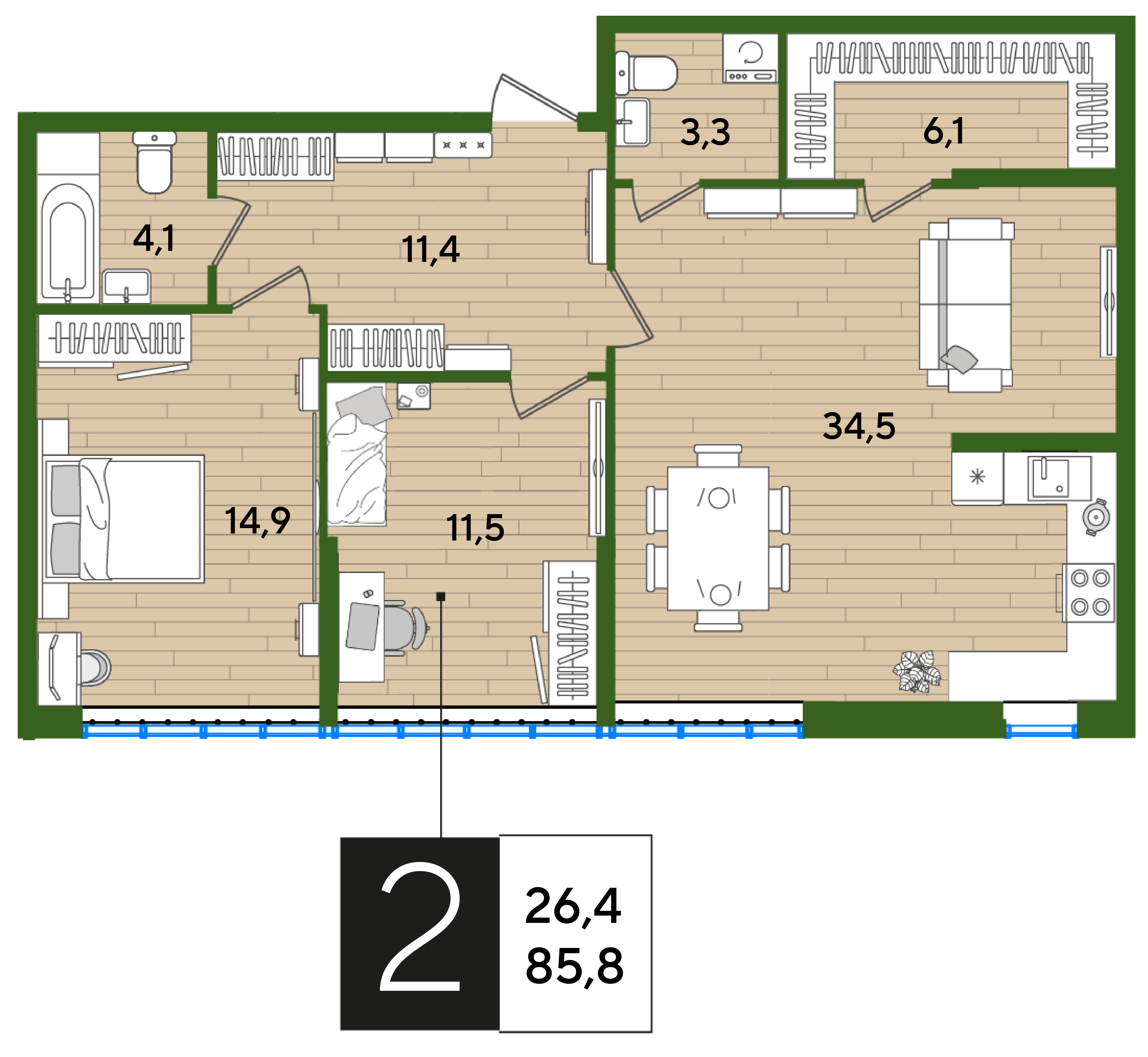 Планировка: 2-комн. квартира 85,8 м²