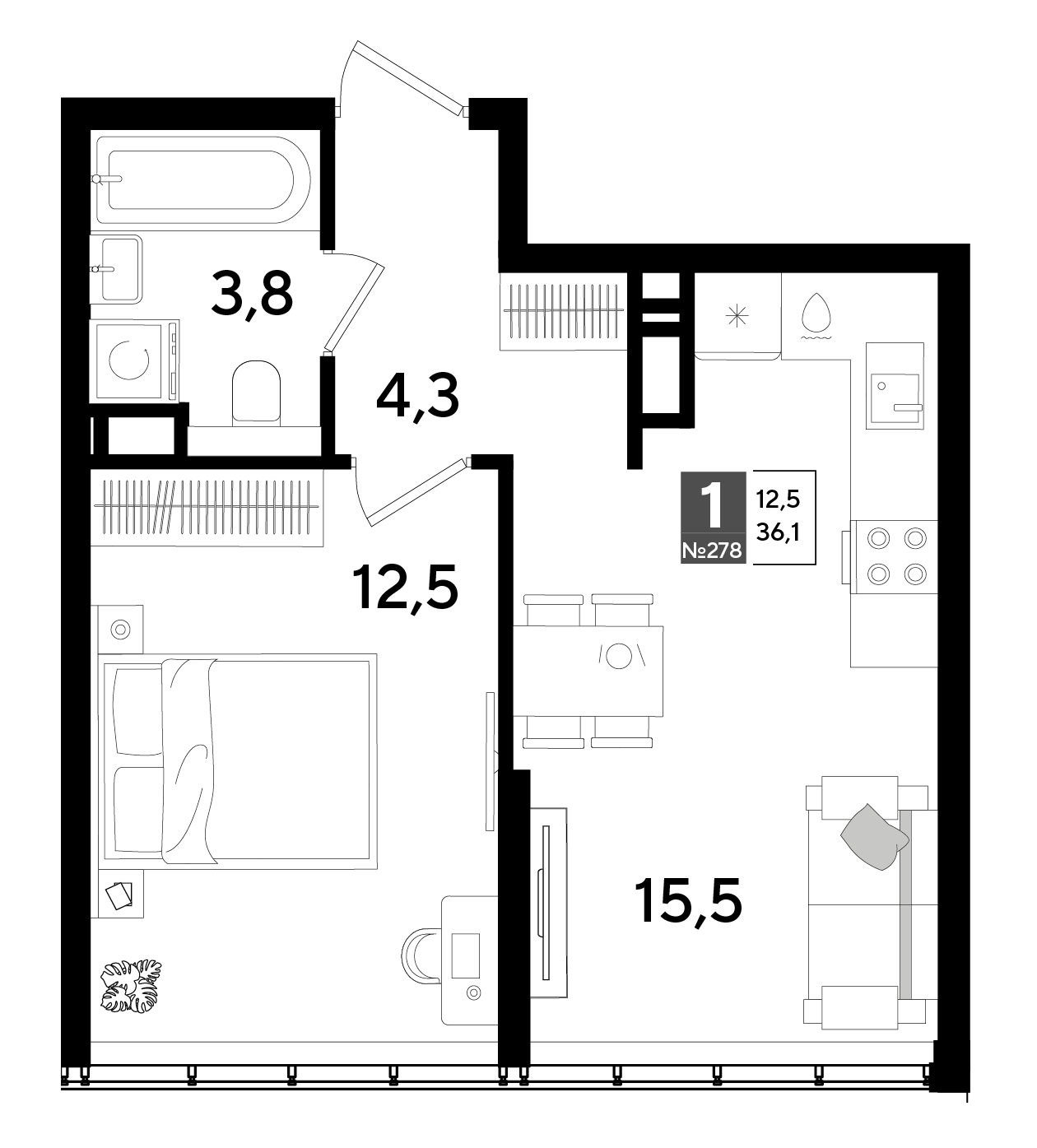 Планировка: 1-комн. квартира 36,1 м²