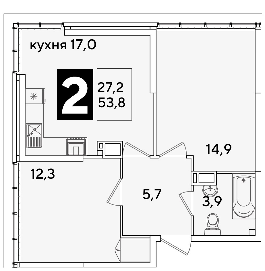 Планировка: 2-комн. квартира 53,8 м²