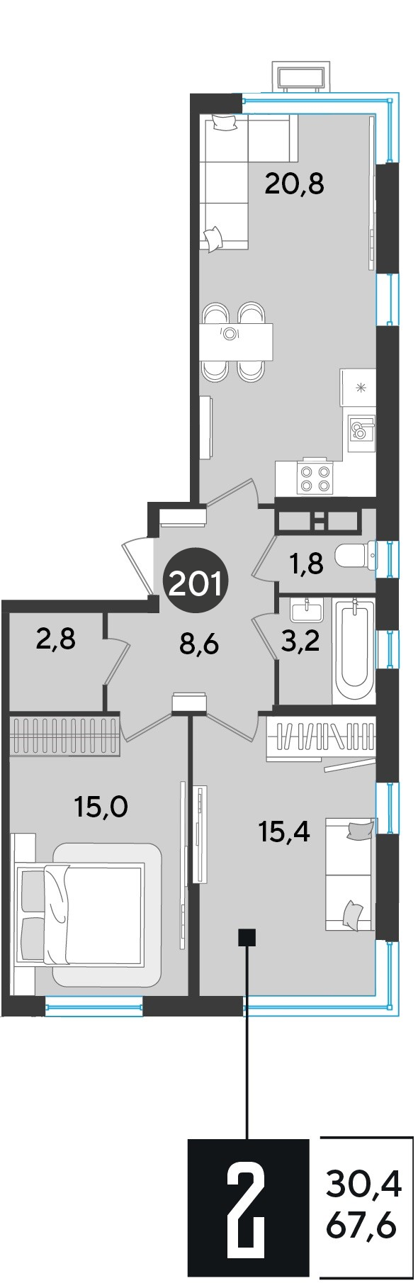 Планировка: 2-комн. квартира 67,6 м²