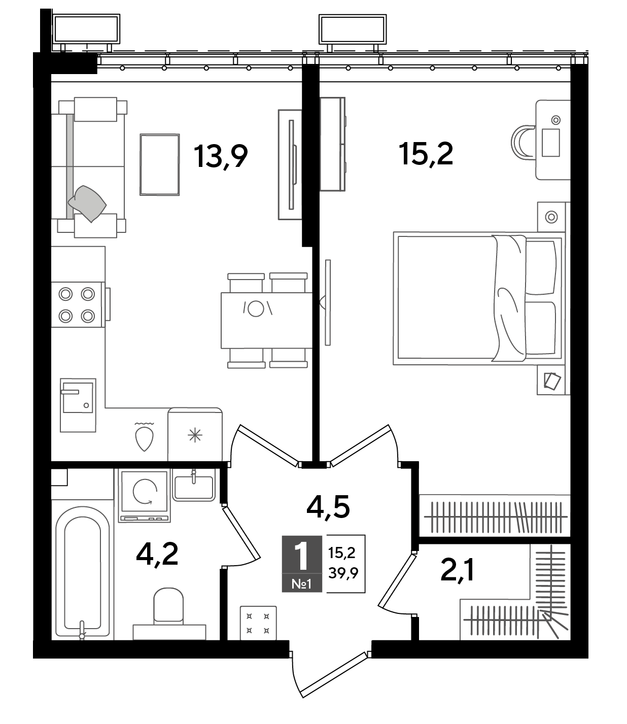 Планировка: 1-комн. квартира 39,9 м²
