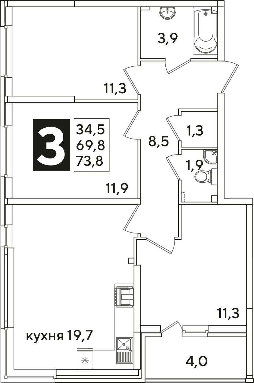 Планировка: 3-комн. квартира 73,8 м²