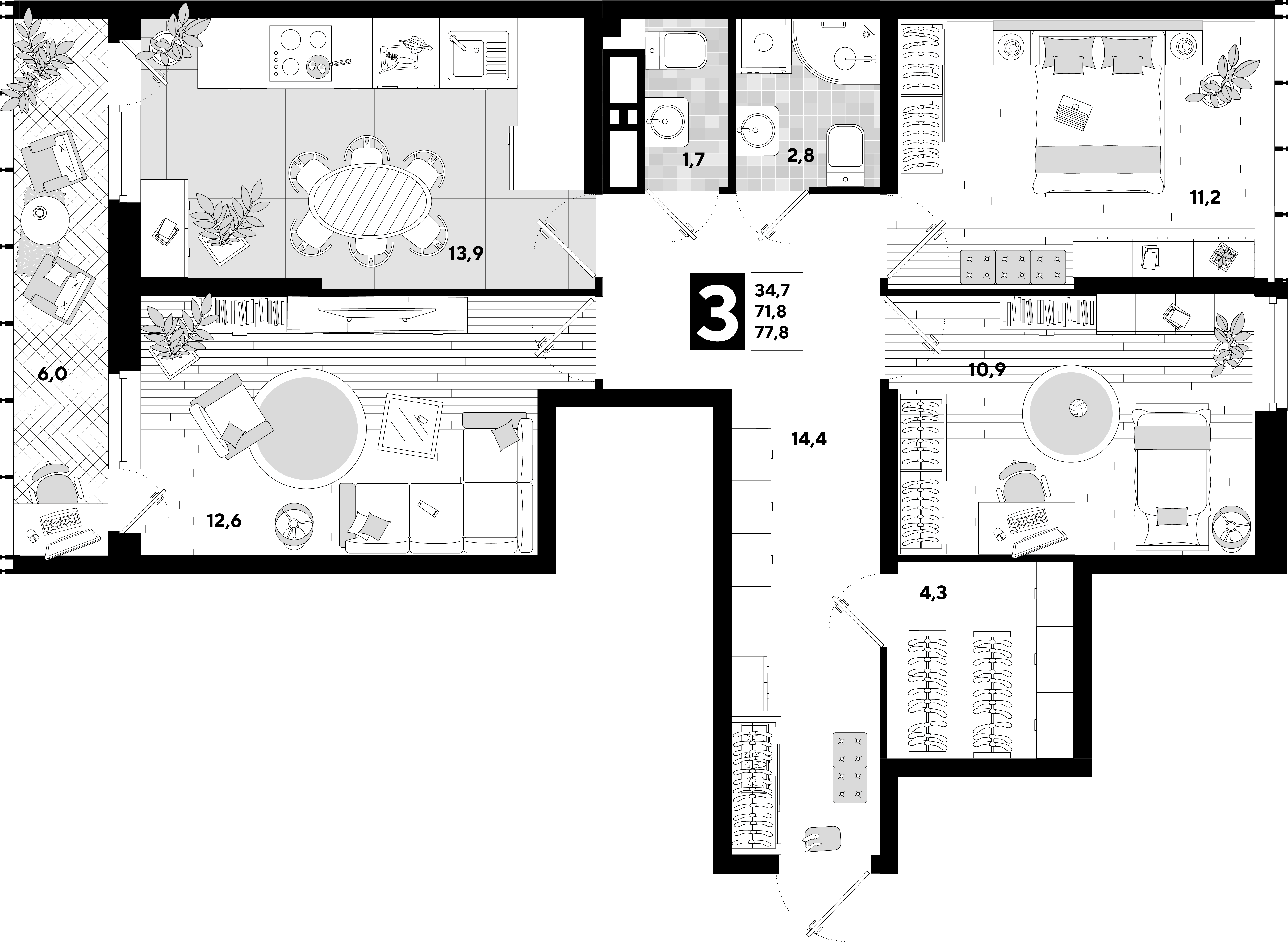 Планировка: 3-комн. квартира 77,8 м²