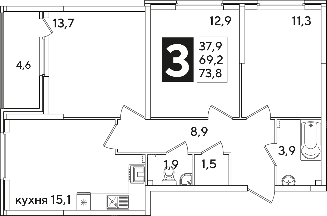 Планировка: 3-комн. квартира 73,8 м²