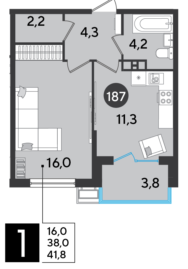 Планировка: 1-комн. квартира 41,8 м²