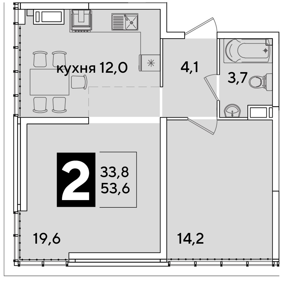 Планировка: 2-комн. квартира 53,6 м²