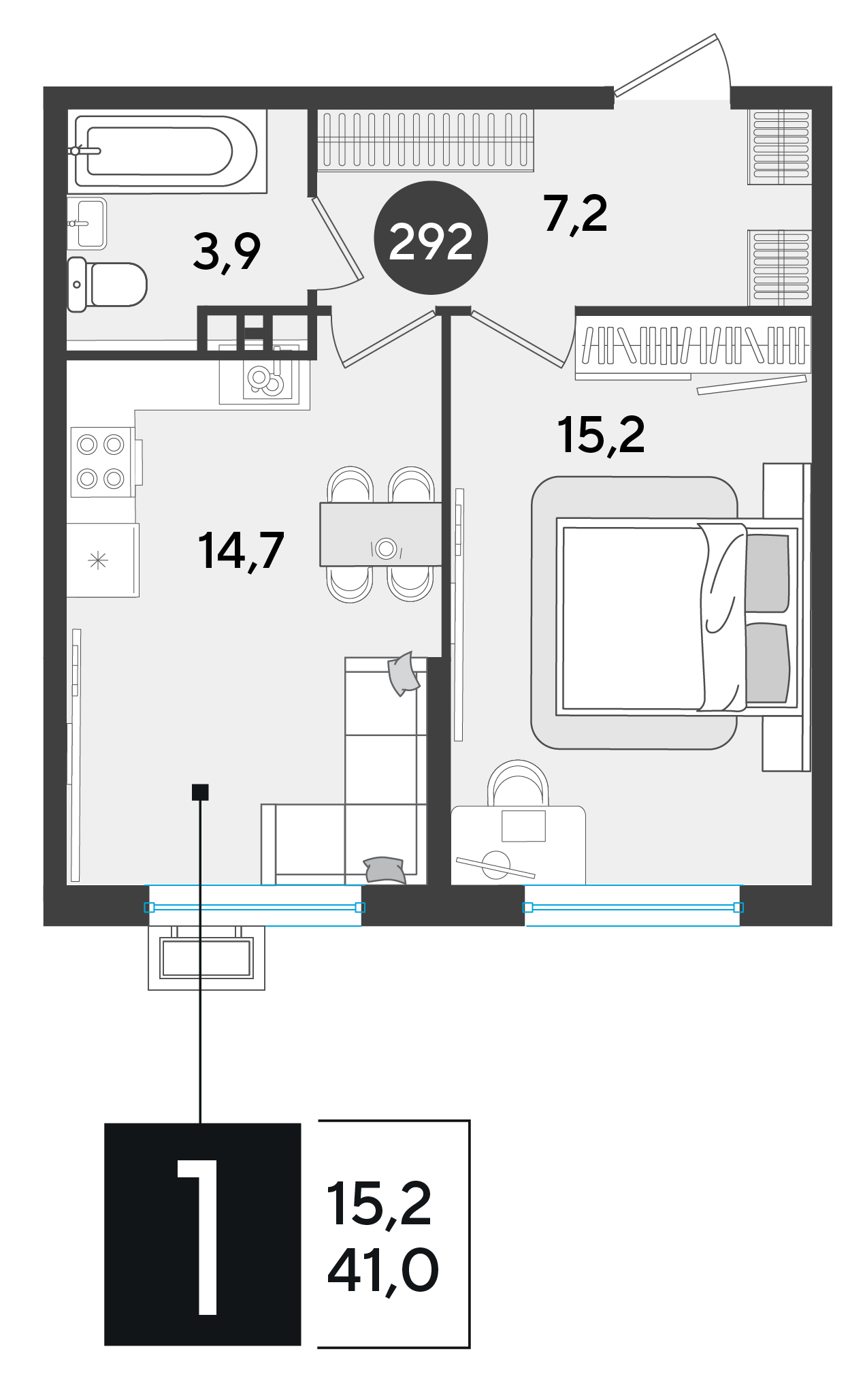 Планировка: 1-комн. квартира 41 м²