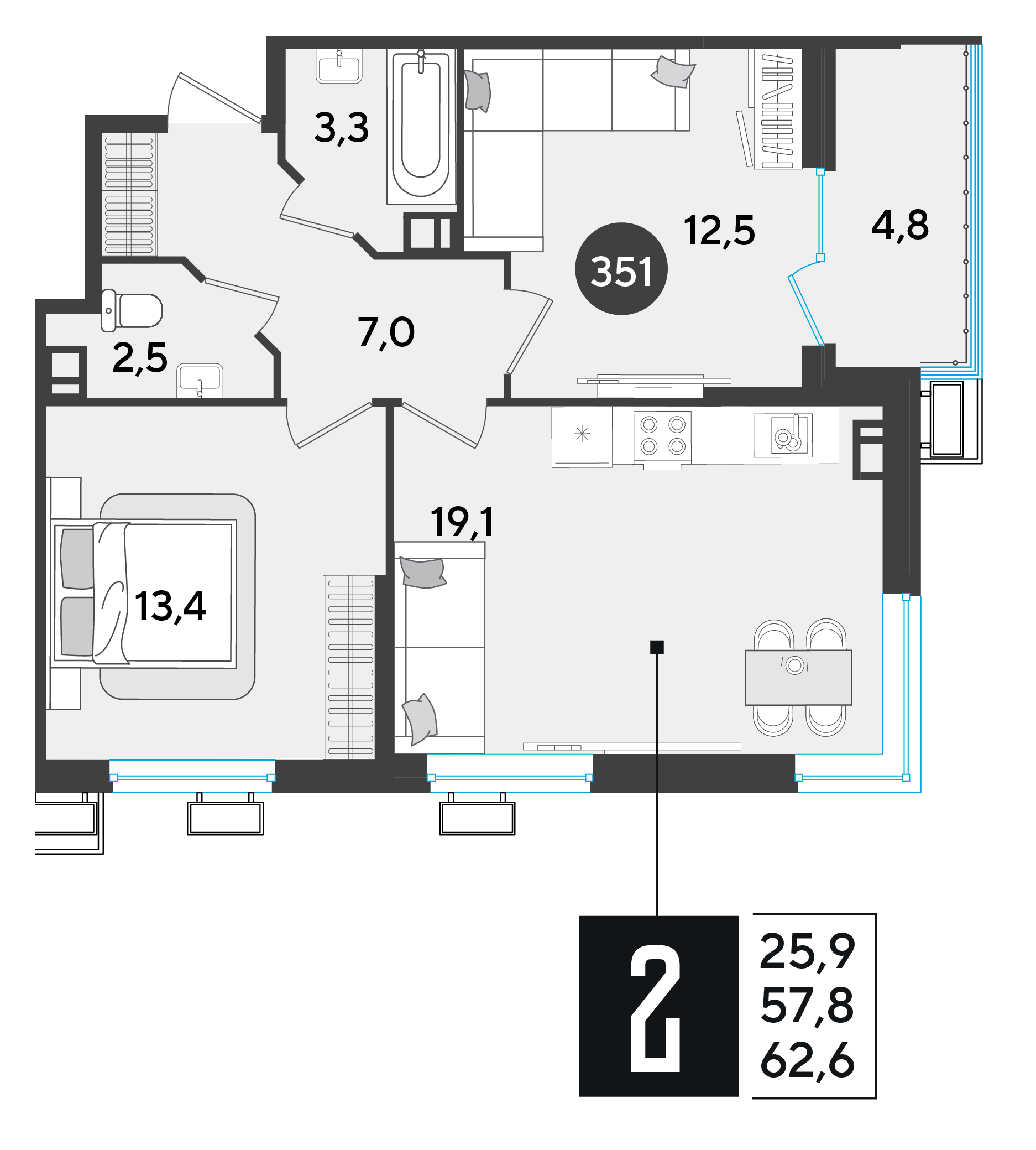 Планировка: 2-комн. квартира 62,6 м²
