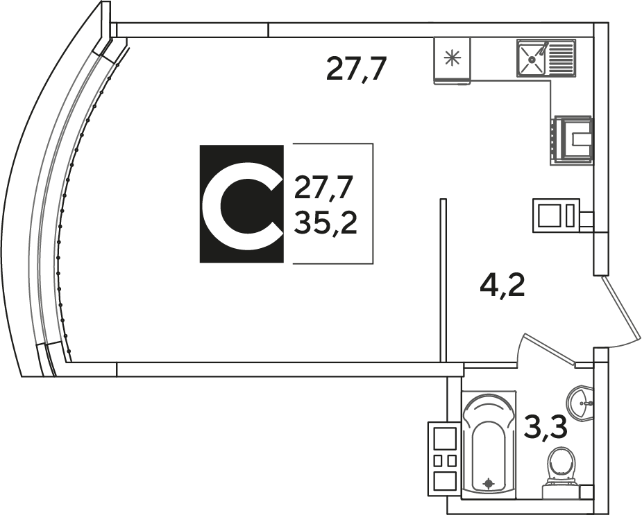 Планировка Студия 35,2 м²
