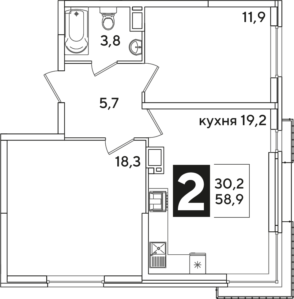 Планировка: 2-комн. квартира 59,2 м²
