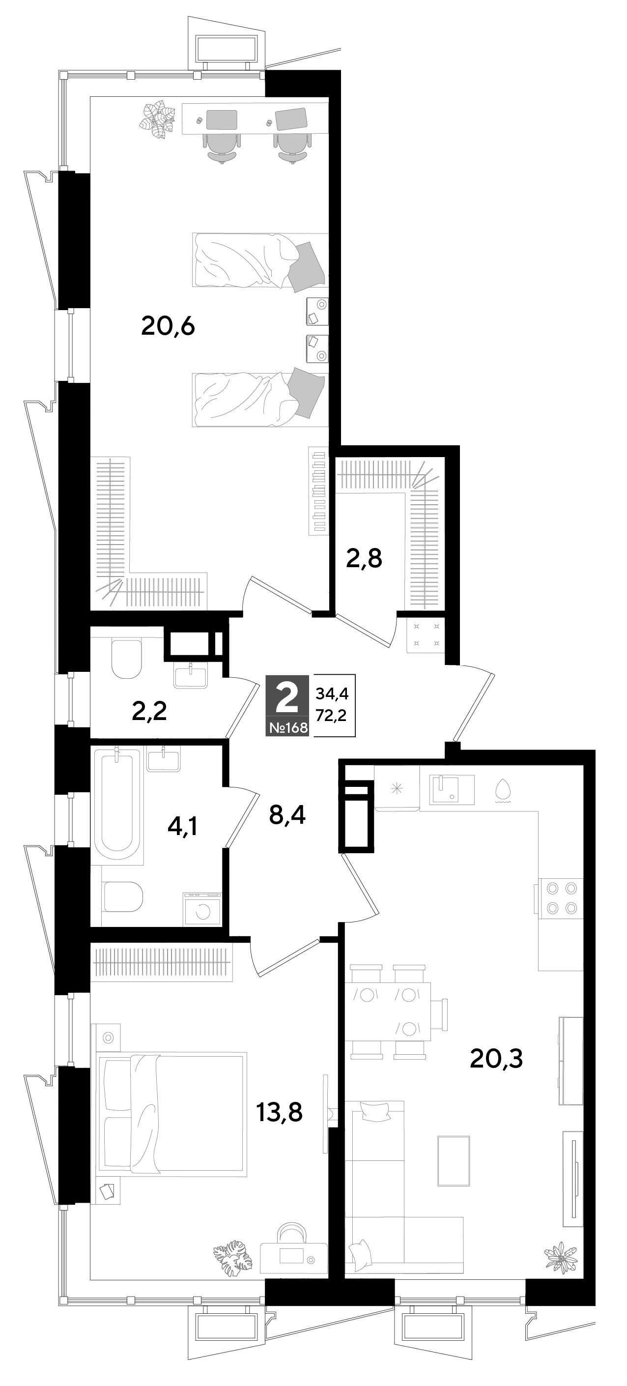 Планировка: 2-комн. квартира 72,2 м²