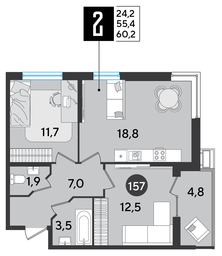 Планировка: 2-комн. квартира 60,2 м²
