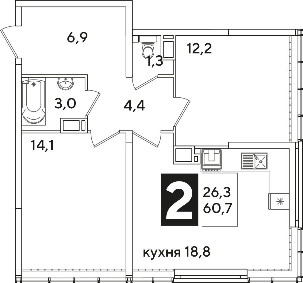 Планировка: 2-комн. квартира 60,7 м²