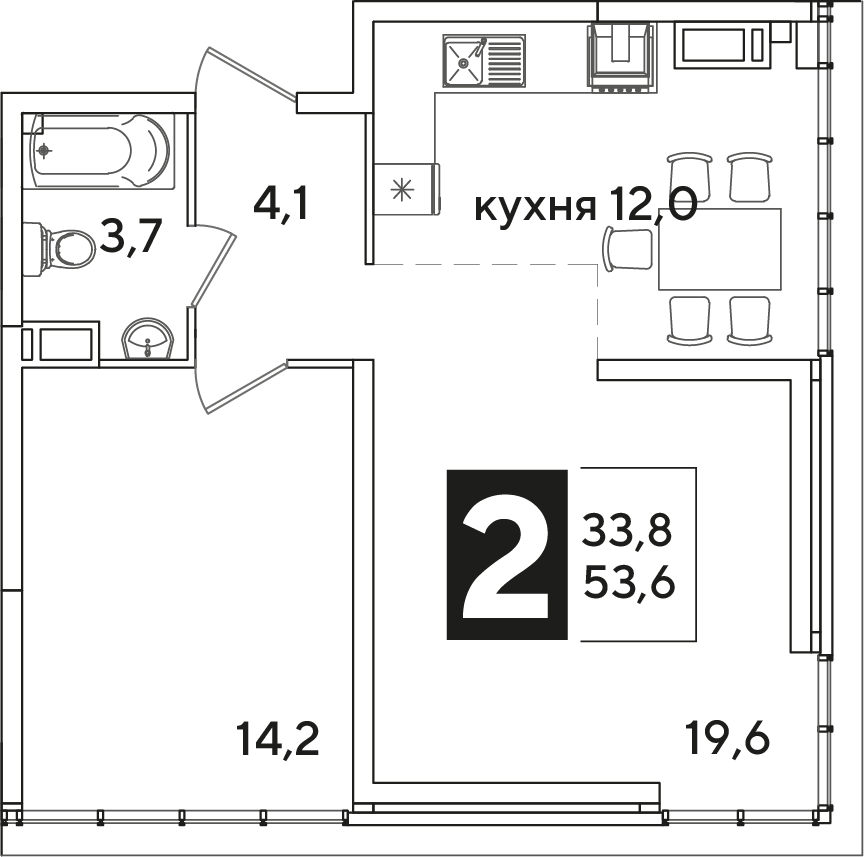 Планировка 2-комнатная 53,6 м²