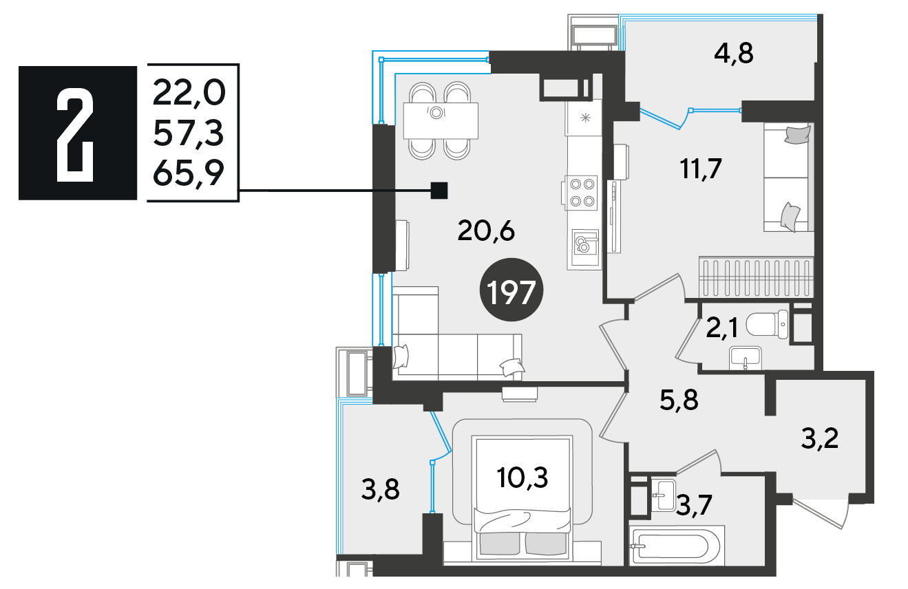 Планировка: 2-комн. квартира 65,9 м²