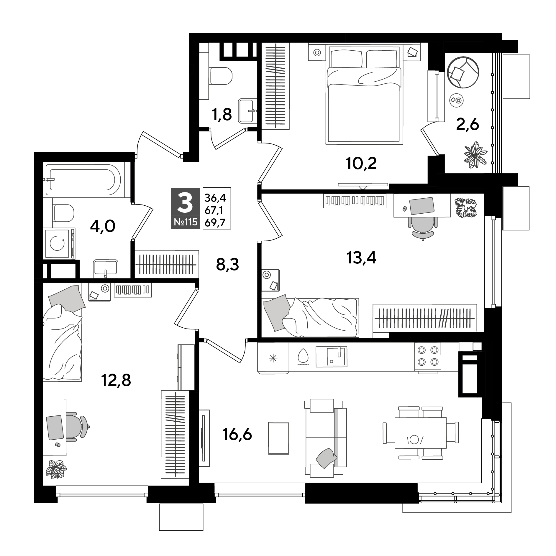 Планировка: 3-комн. квартира 69,7 м²