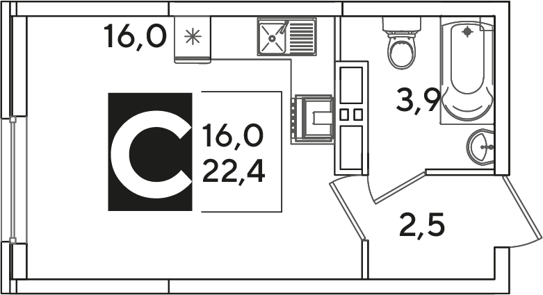 Планировка: Студия 22,4 м²