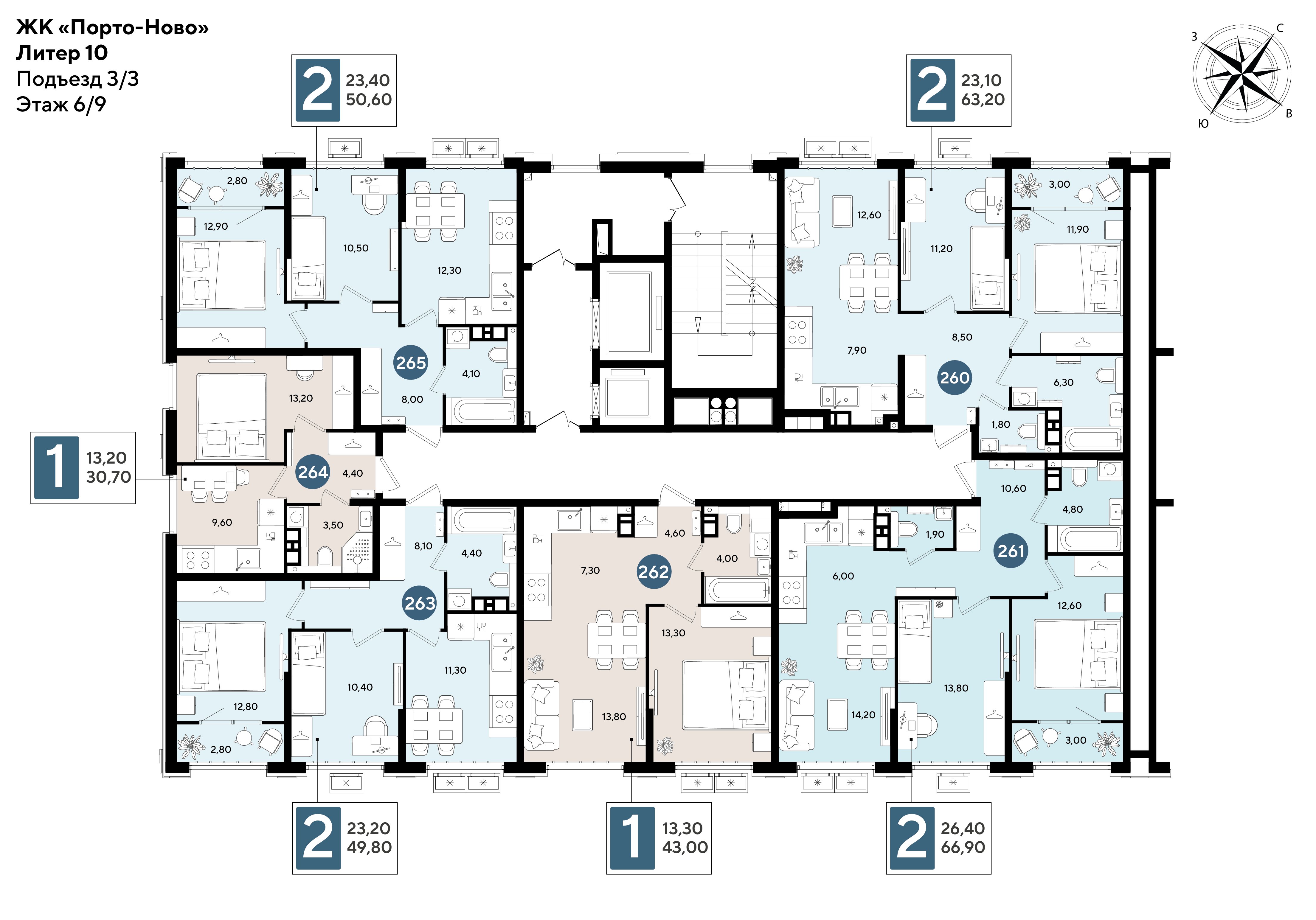 План 6 этажа, Литер 10 (предчистовая), подъезд 3