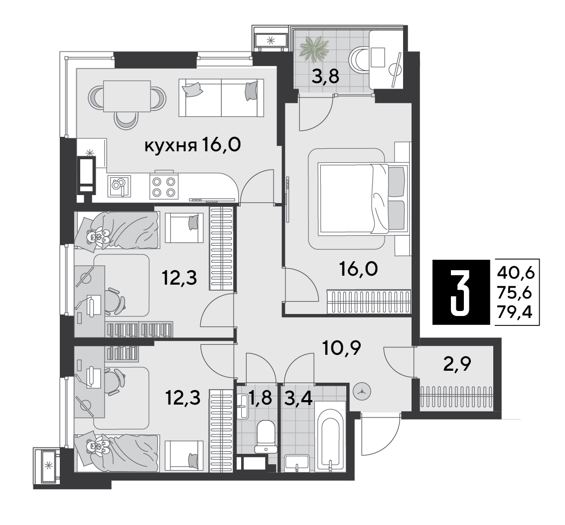 Планировка: 3-комн. квартира 79,4 м²