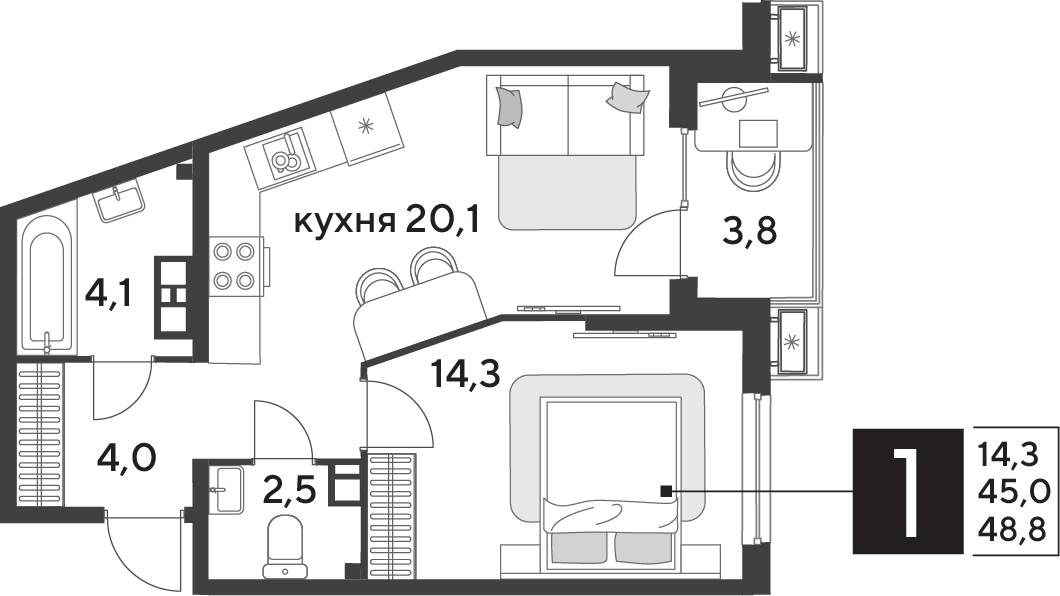 Планировка 1-комнатная 49,1 м²