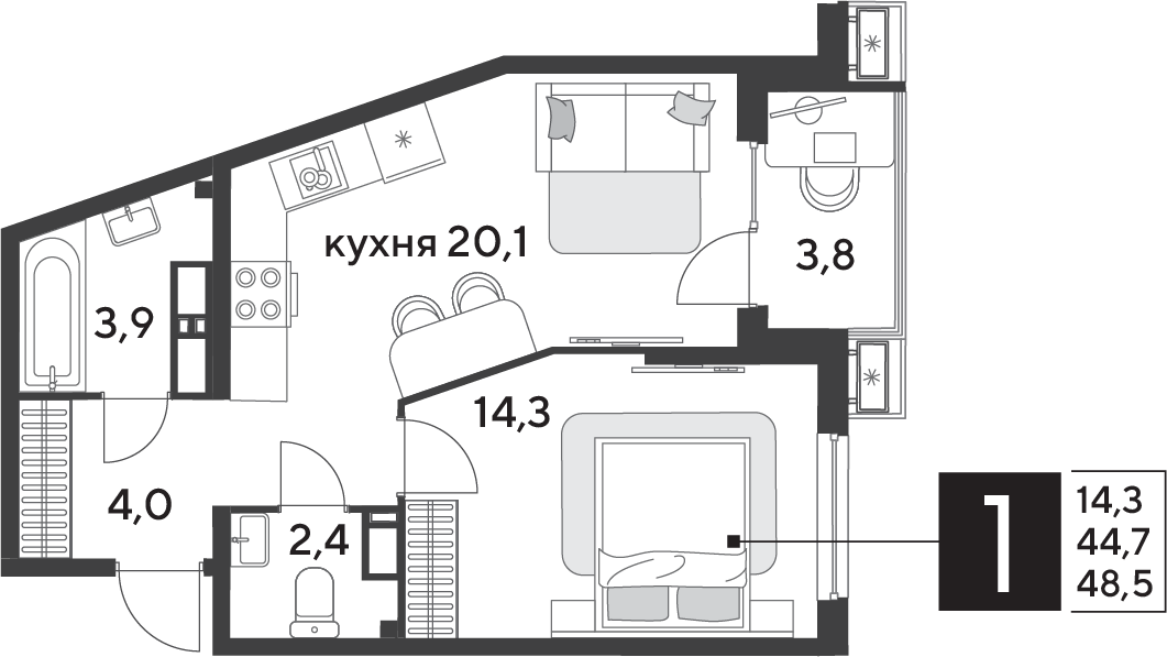 Планировка 1-комнатная 48,8 м²