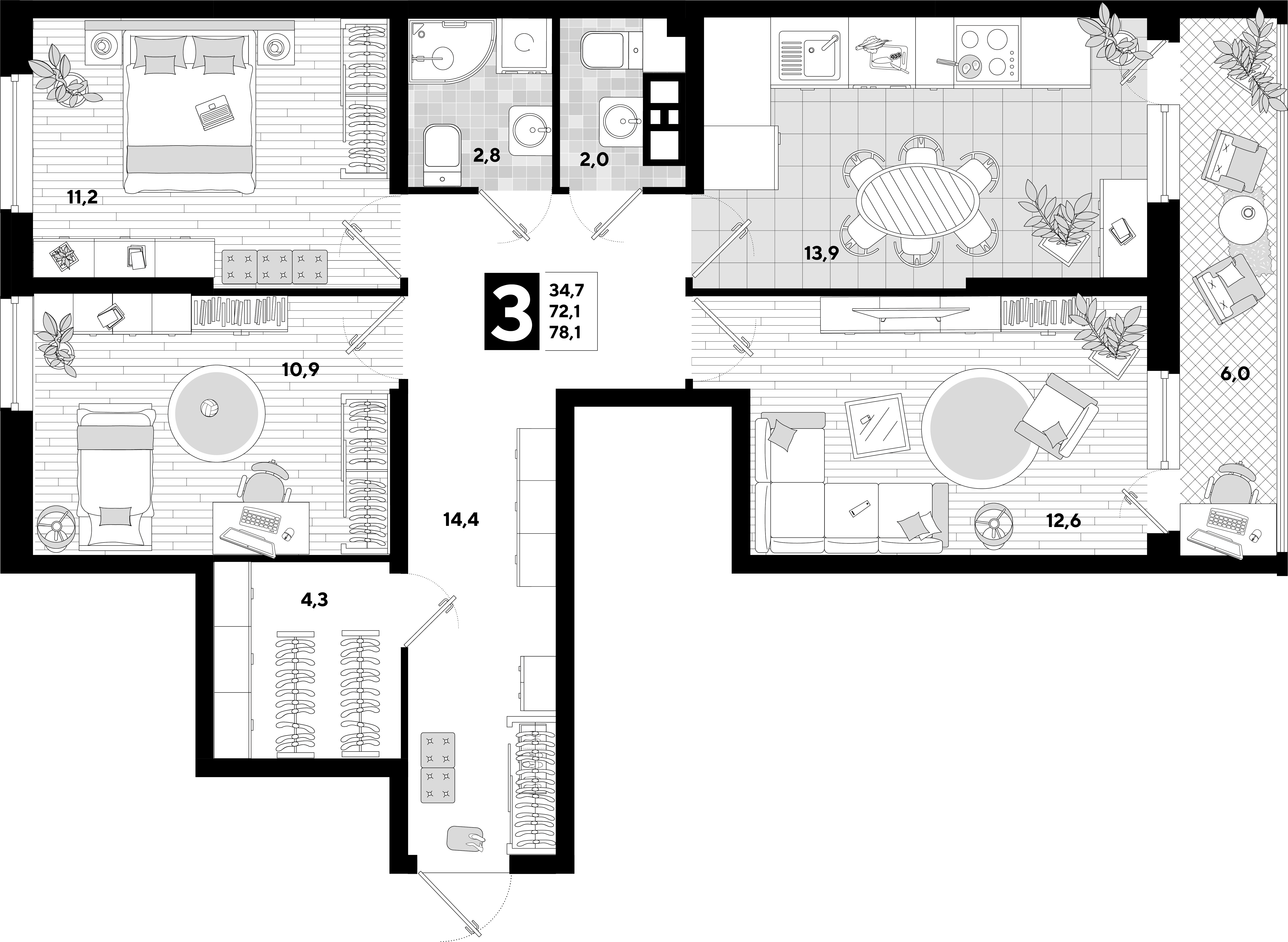 Планировка 3-комнатная 78,1 м²
