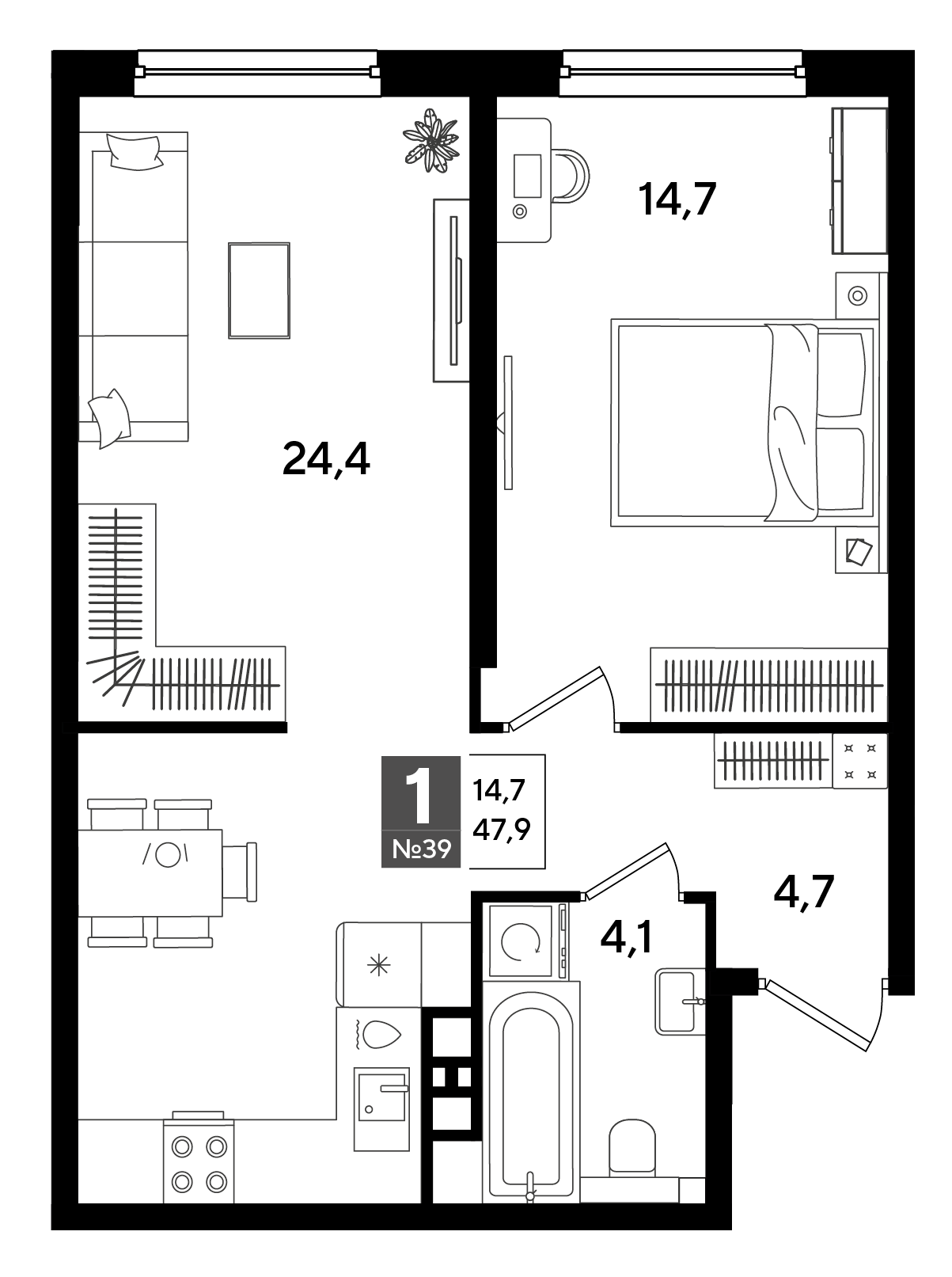 Планировка: 1-комн. квартира 47,9 м²