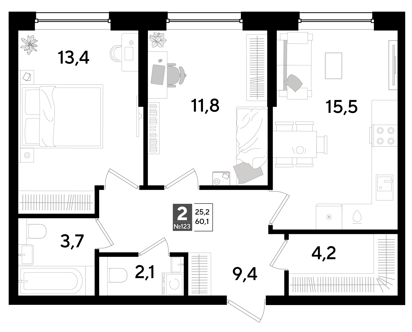 Планировка 2-комнатная 60,1 м²