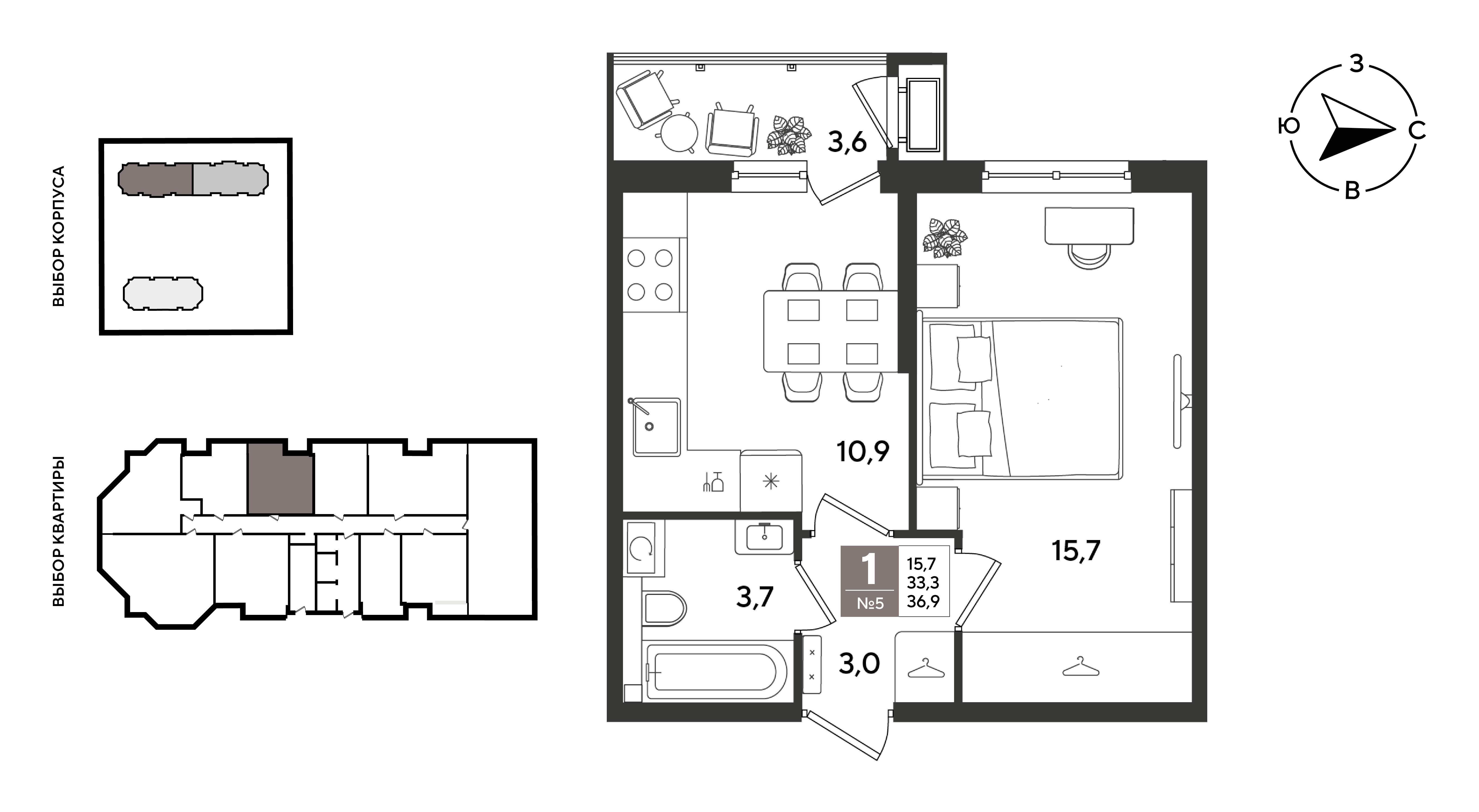 Планировка: 1-комн. квартира 36,9 м²