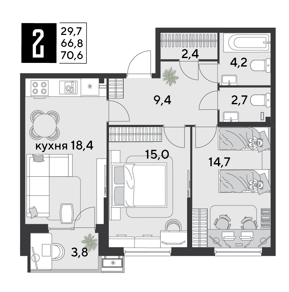Планировка 2-комнатная 71,2 м²