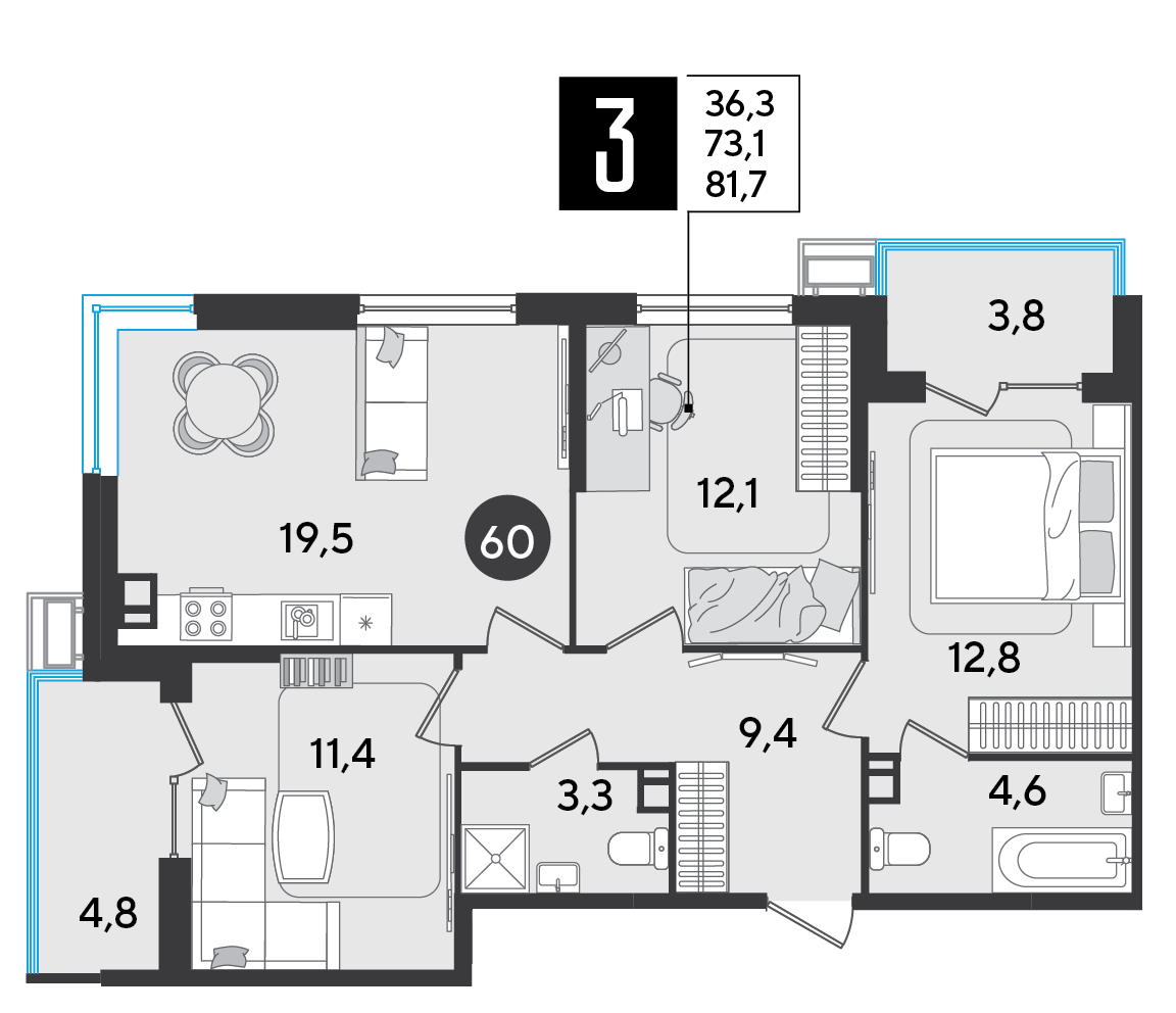 Планировка 3-комнатная 81,7 м²