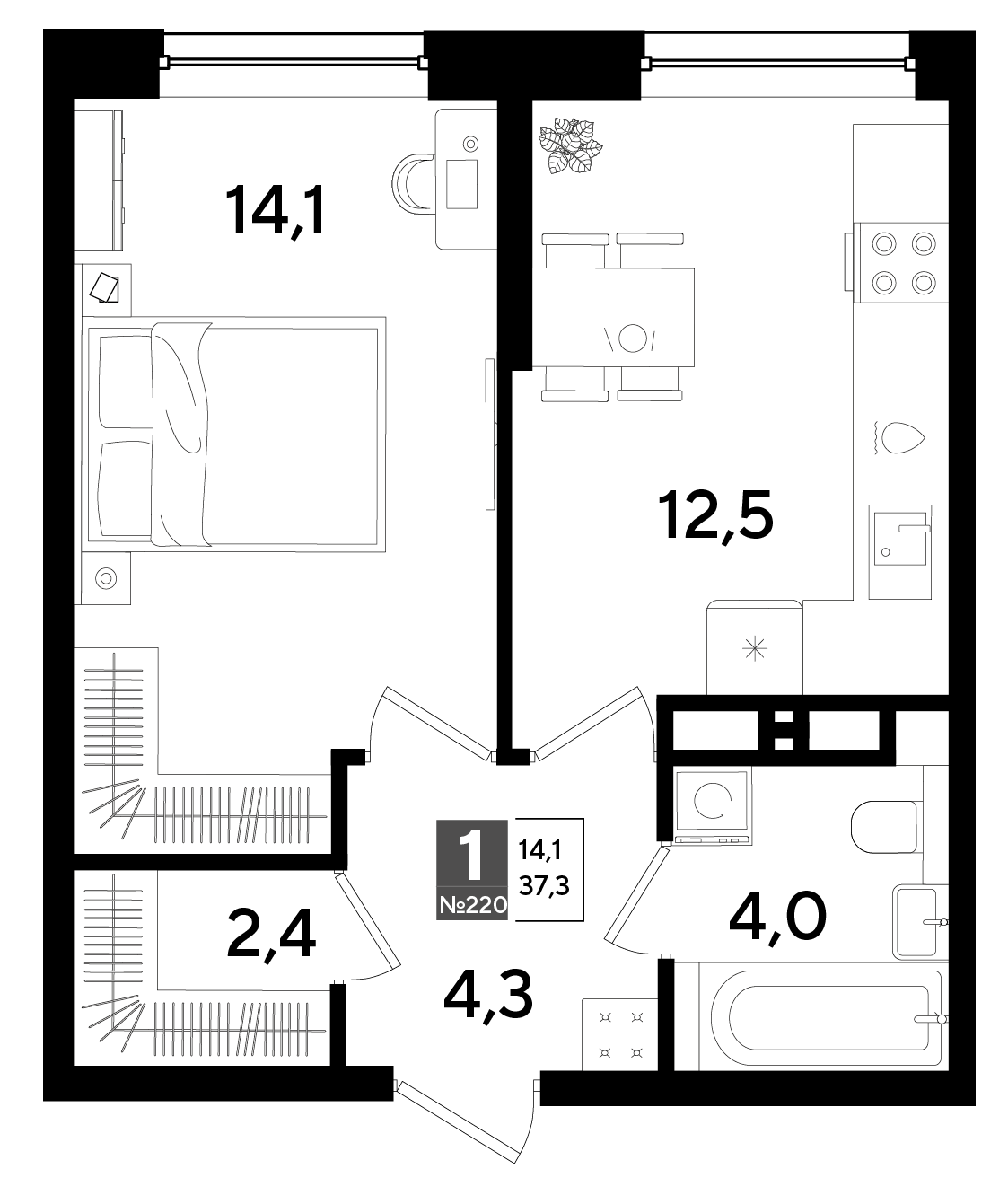 Планировка: 1-комн. квартира 37,3 м²