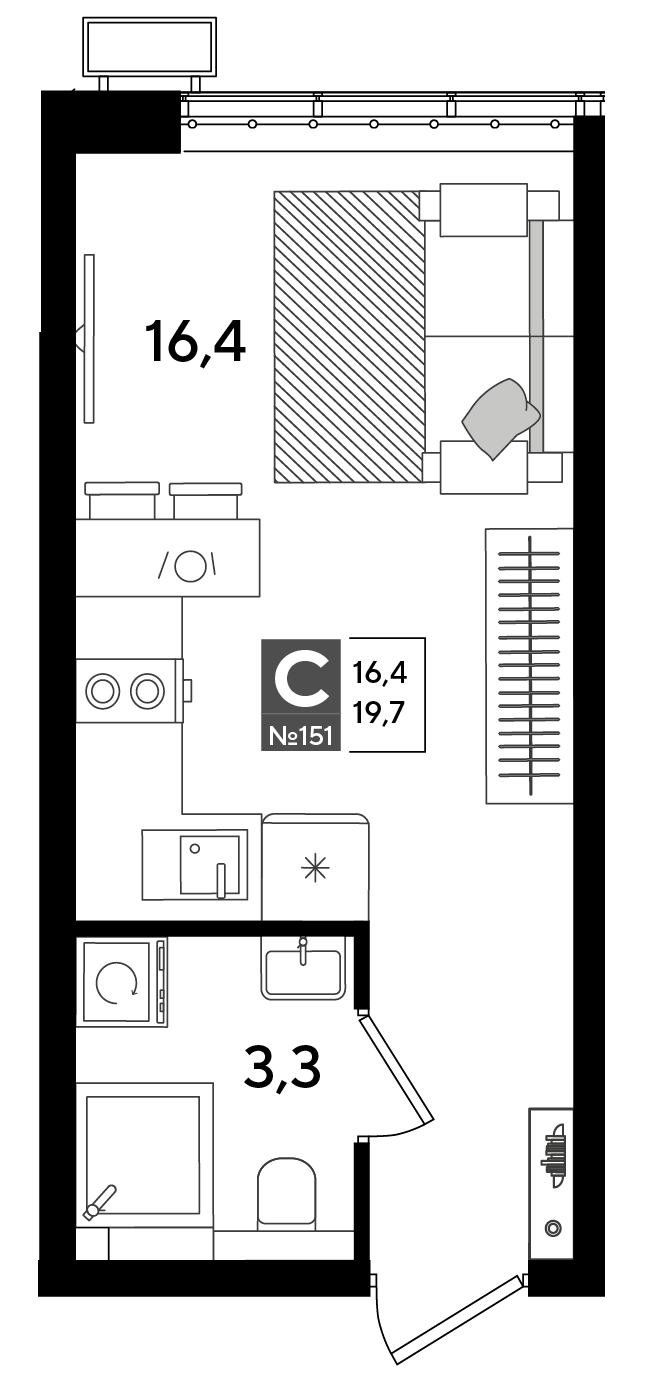Планировка: Студия 19,7 м²