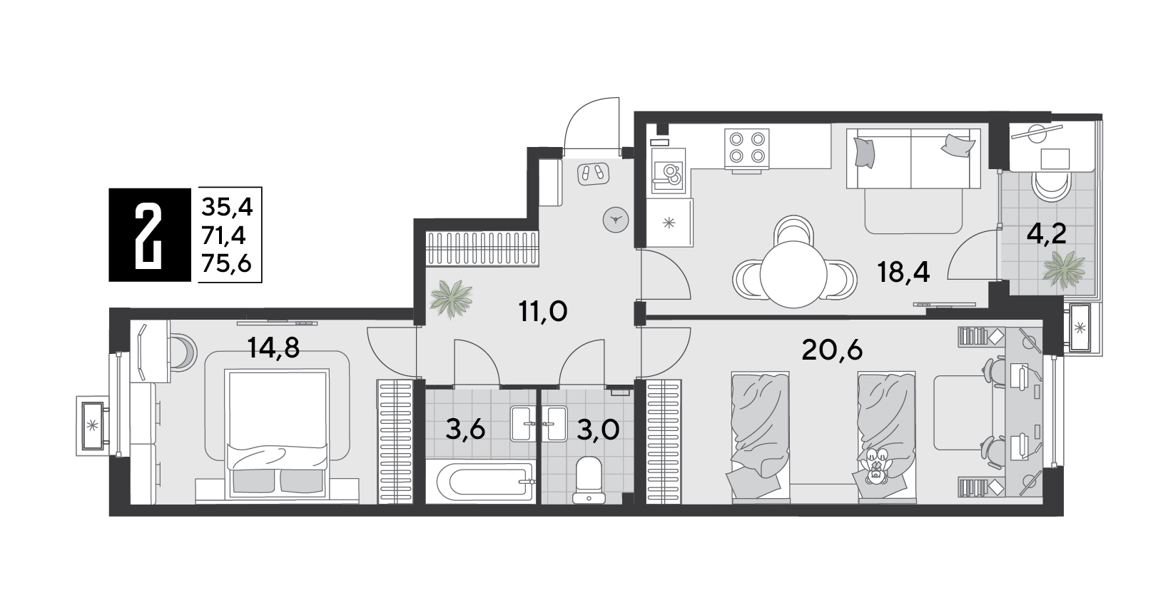 Планировка: 2-комн. квартира 75,6 м²