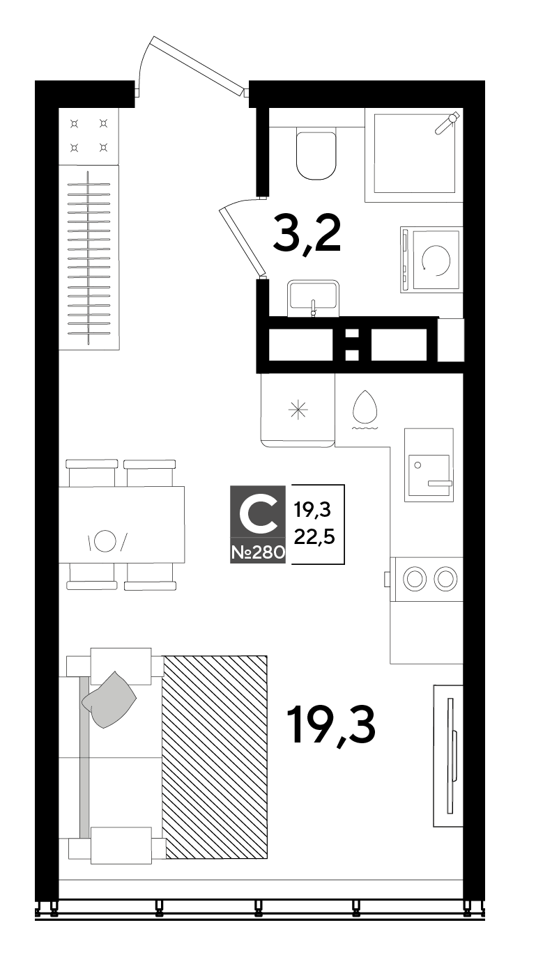 Планировка: Студия 22,5 м²