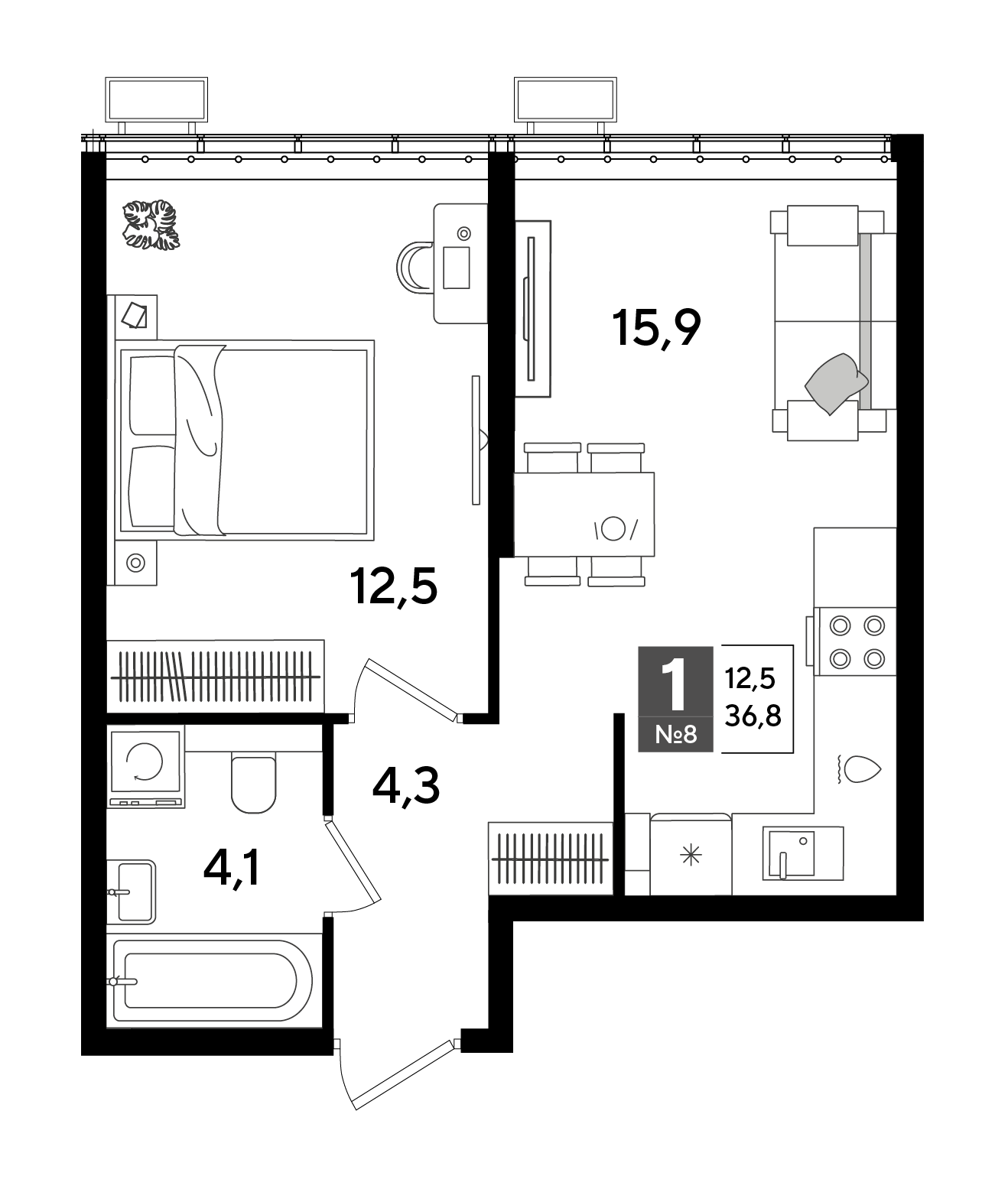 Планировка: 1-комн. квартира 36,8 м²