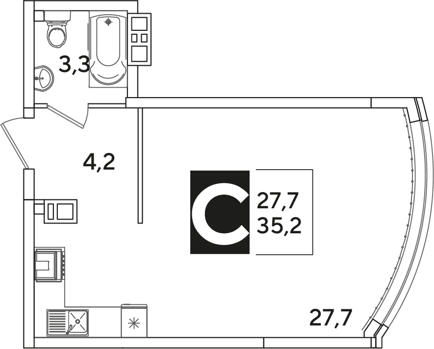 Планировка Студия 35,2 м²