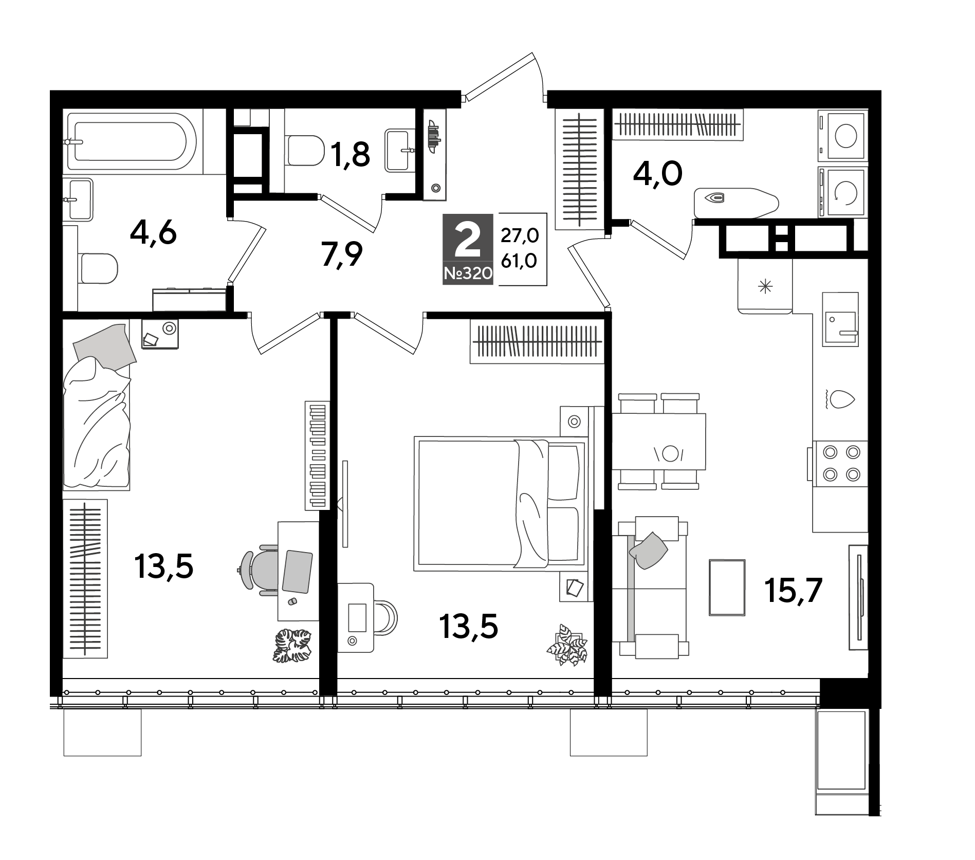 Планировка: 2-комн. квартира 61 м²