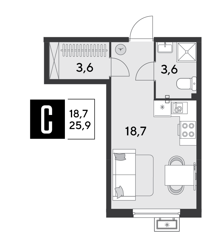 Планировка: Студия 25,9 м²