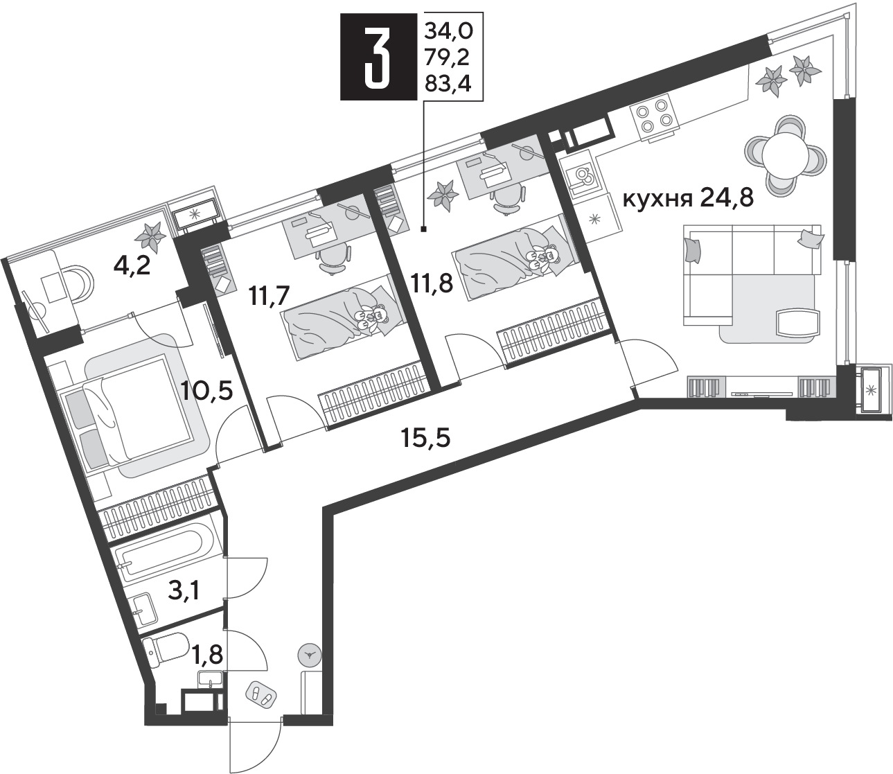 Планировка: 3-комн. квартира 83,4 м²