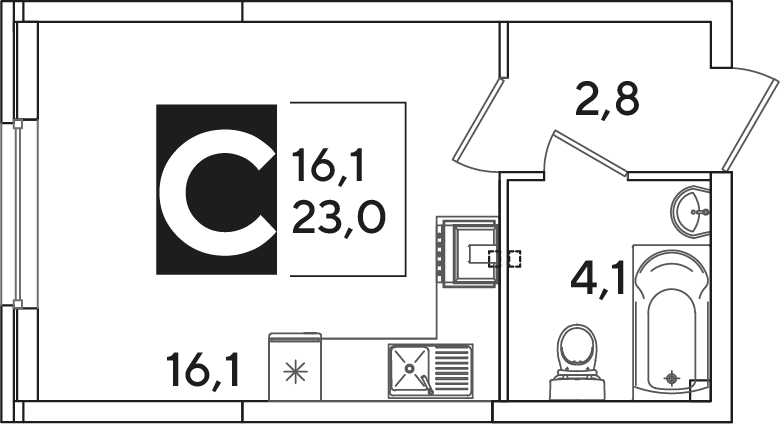 Планировка Студия 23 м²