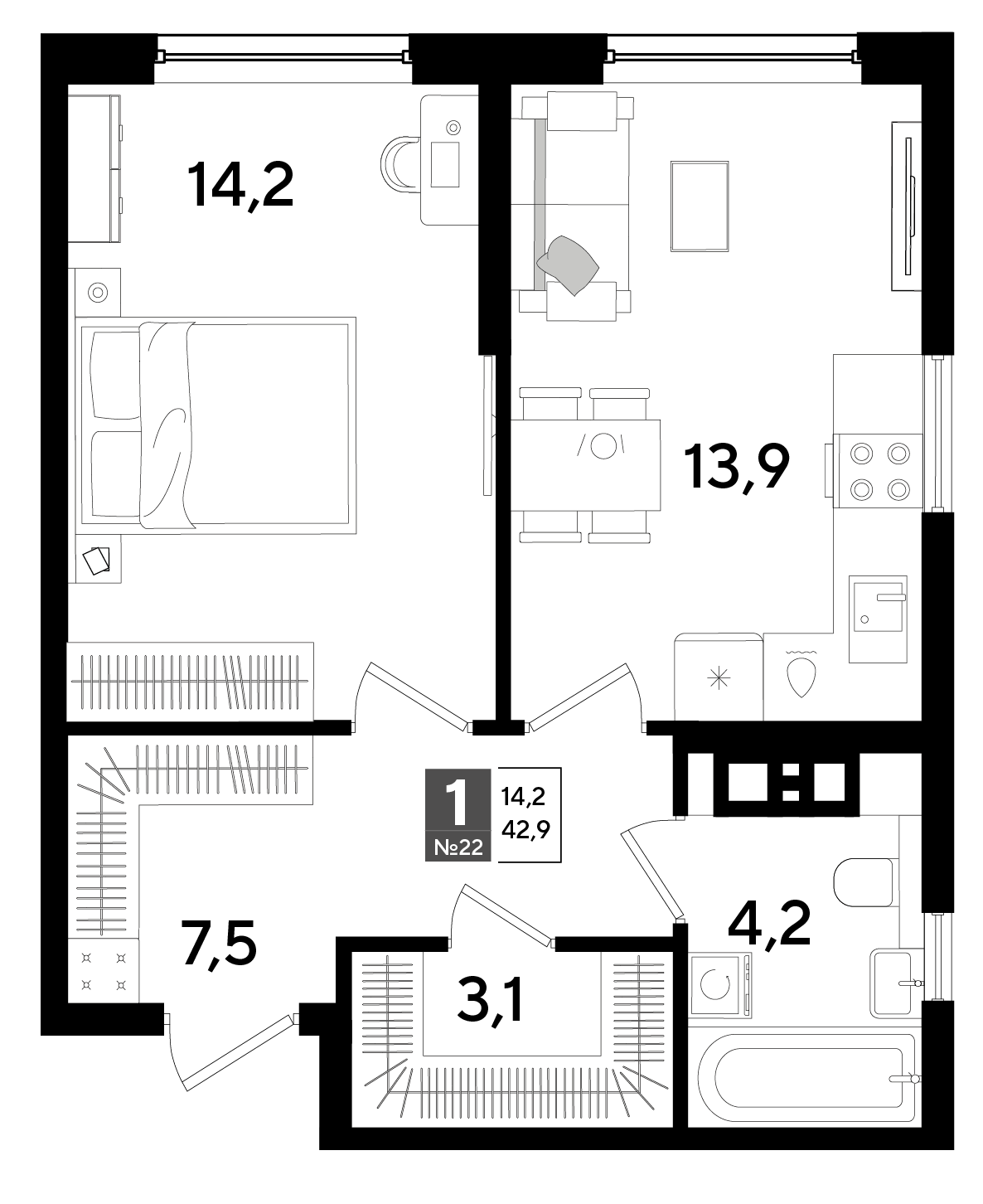 Планировка: 1-комн. квартира 42,9 м²