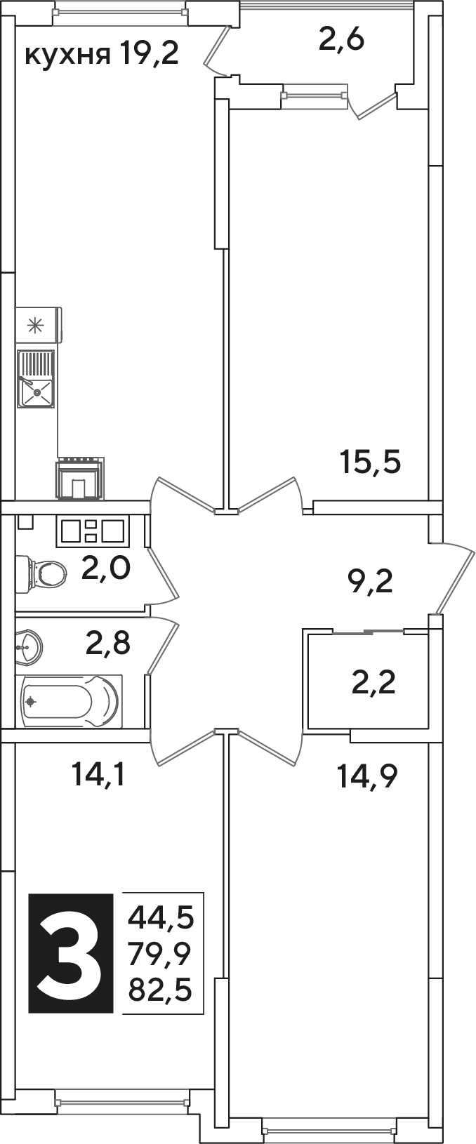 Планировка 3-комнатная 82,5 м²