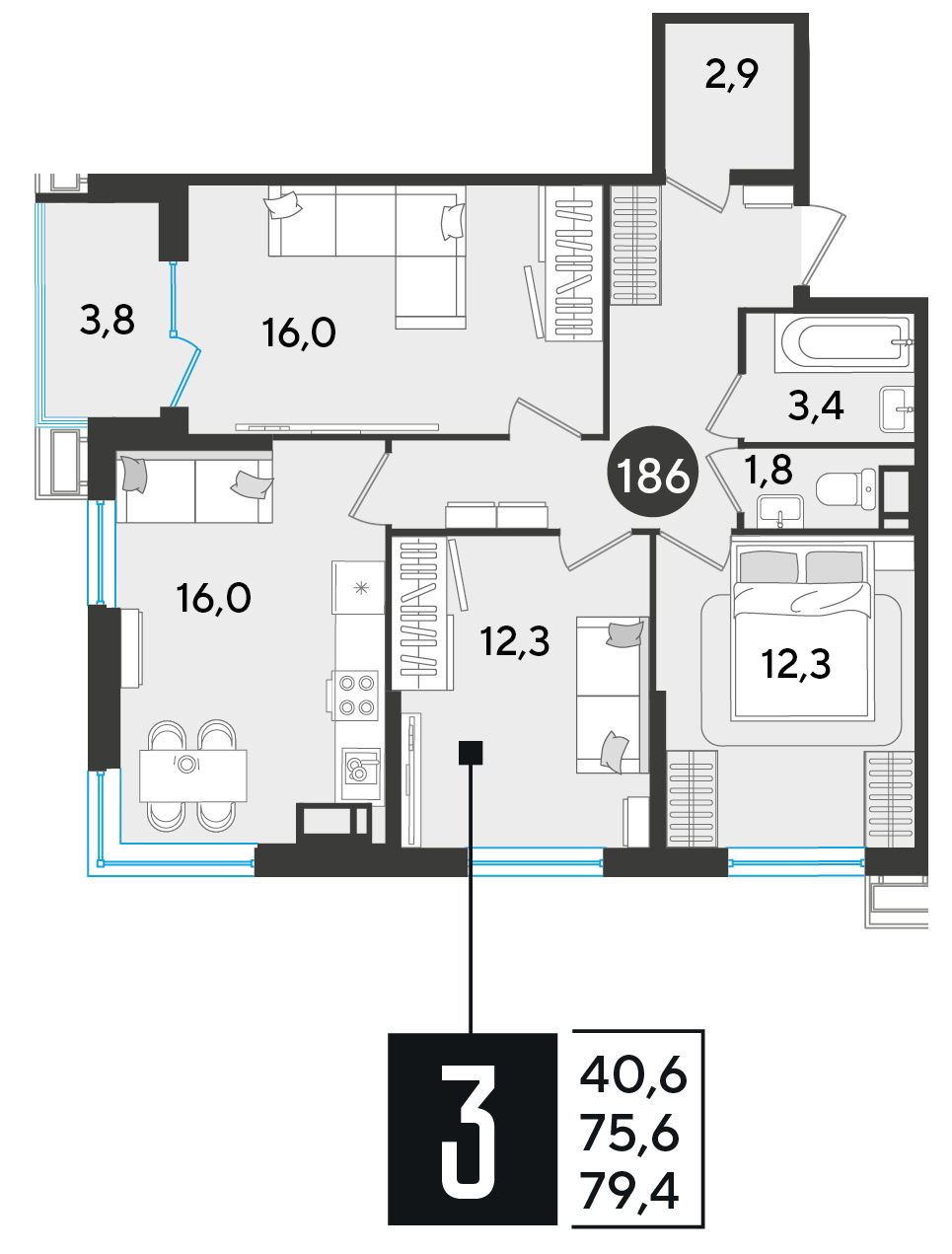 Планировка: 3-комн. квартира 79,4 м²