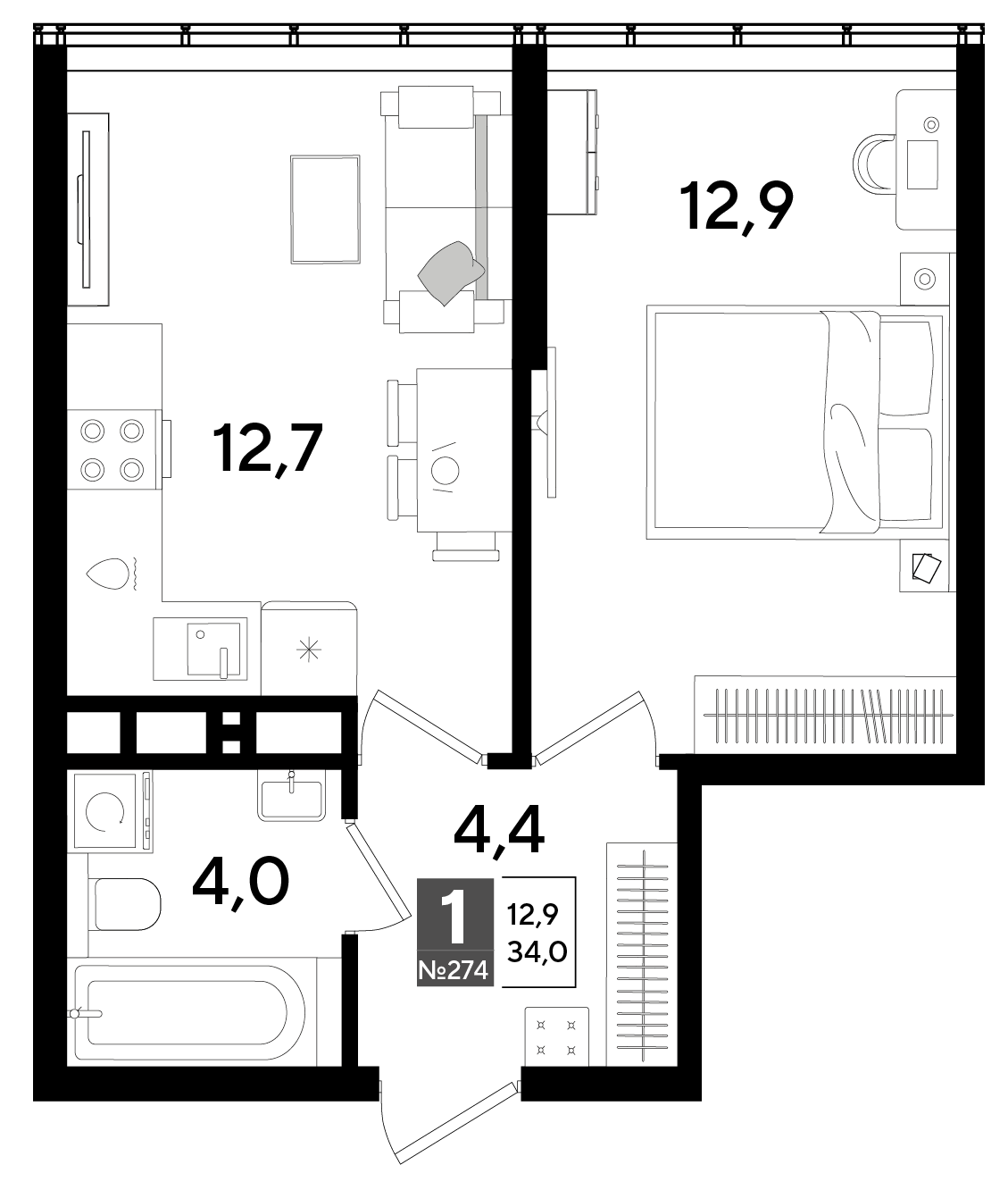 Планировка: 1-комн. квартира 34 м²