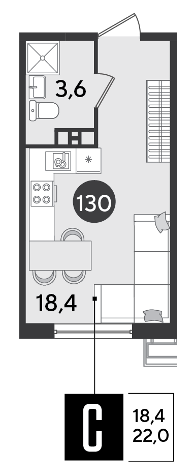 Планировка: Студия 22 м²