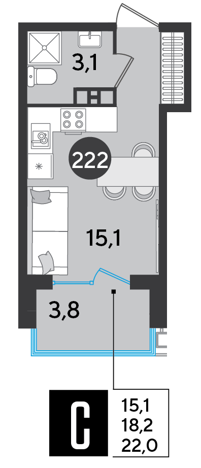Планировка: Студия 22 м²