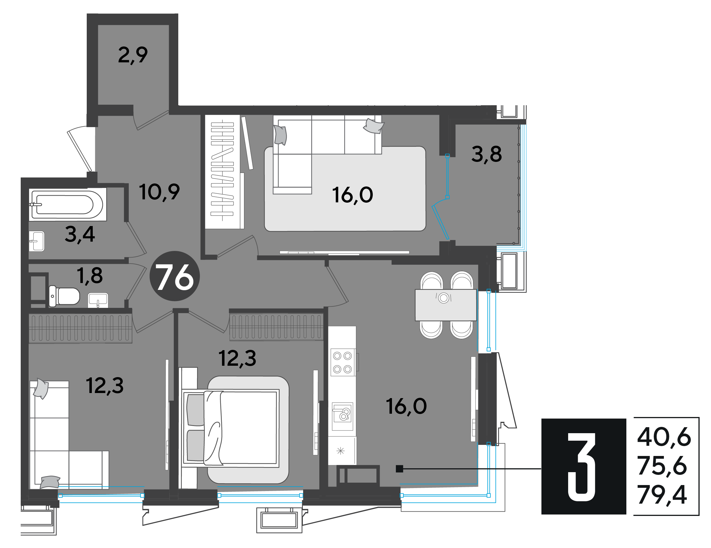 Планировка: 3-комн. квартира 79,4 м²